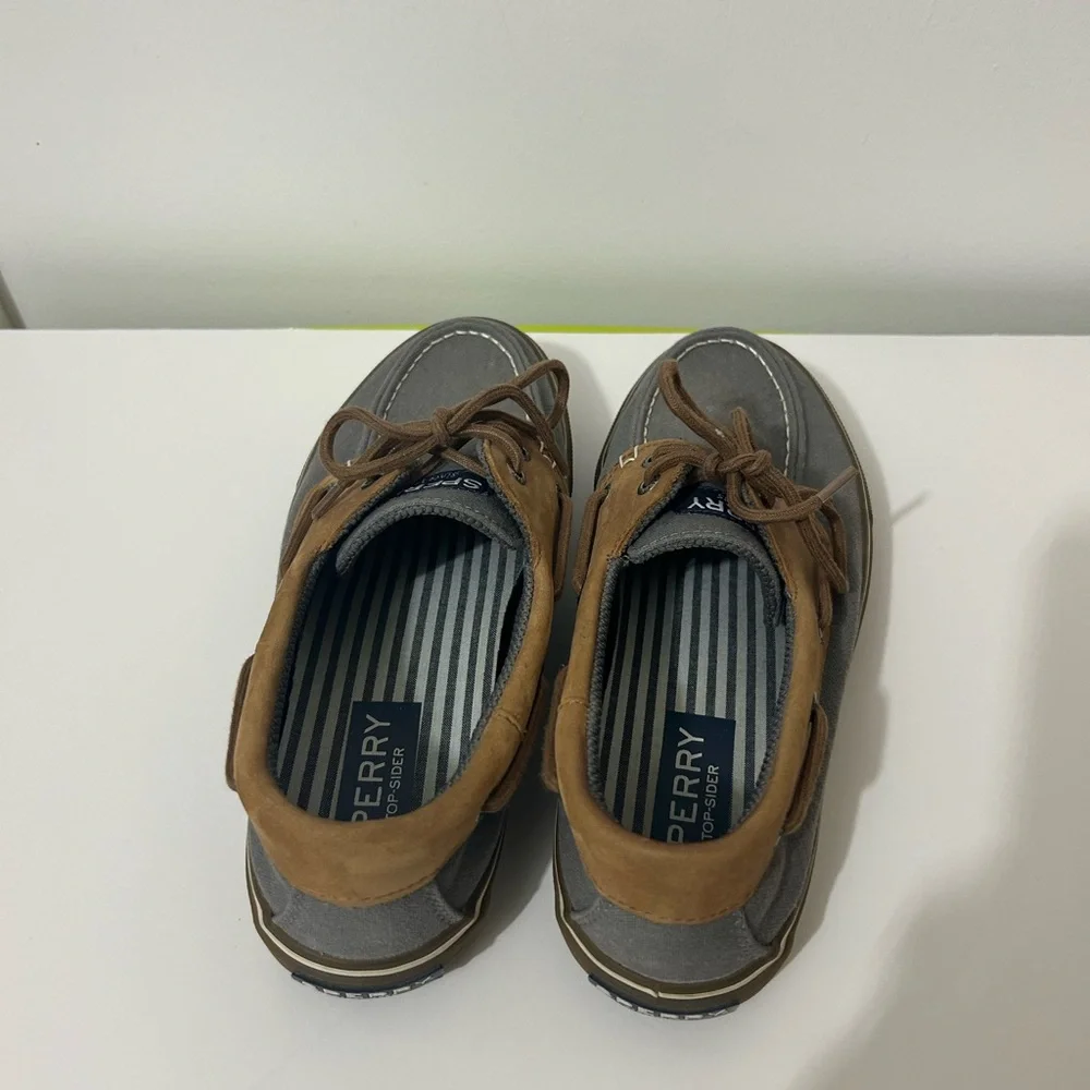 SPERRY TOPSIDER BOAT SHOES MENS SIZE 9 M BROWN LEATHER & GRAY CANVAS 2 EYELET